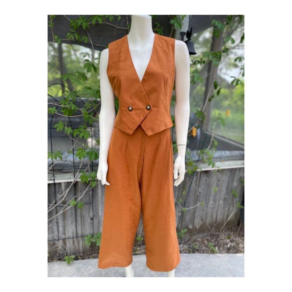 Vintage 70s Hand Sewn Trouser & Vest Set Tobacco Flare Riding Pleats Petite